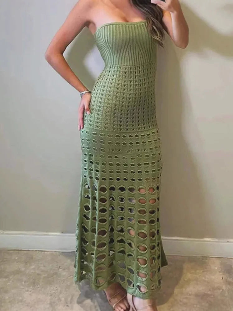 Mozision Strapless Off-shoulder Hollow Out Knit Maxi Dress For Women Gown Fashion Sleeveless Backless Beach Skinny Long Dress