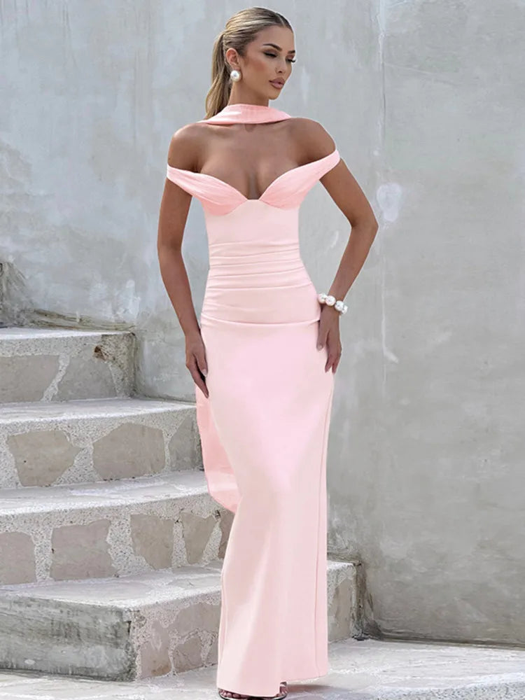 Blifanbo Sexy Elegant Ribbon Maxi Dress For Women Strapless Off-shoulder Sleeveless Backless Fashion Patchwork Party Long Dress