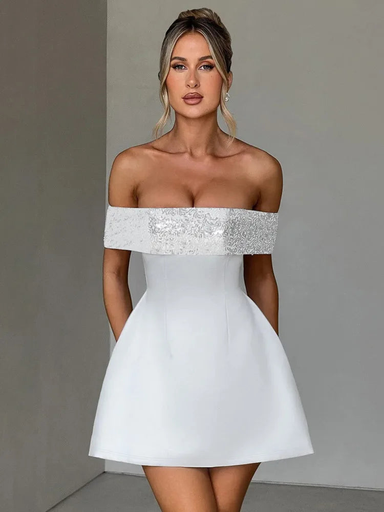 Mozision Off-shoulder Sequins Strapless Sexy Mini Dress Women Fashion Sleeveless Backless Sparkle High Waist Club Sexy Dress