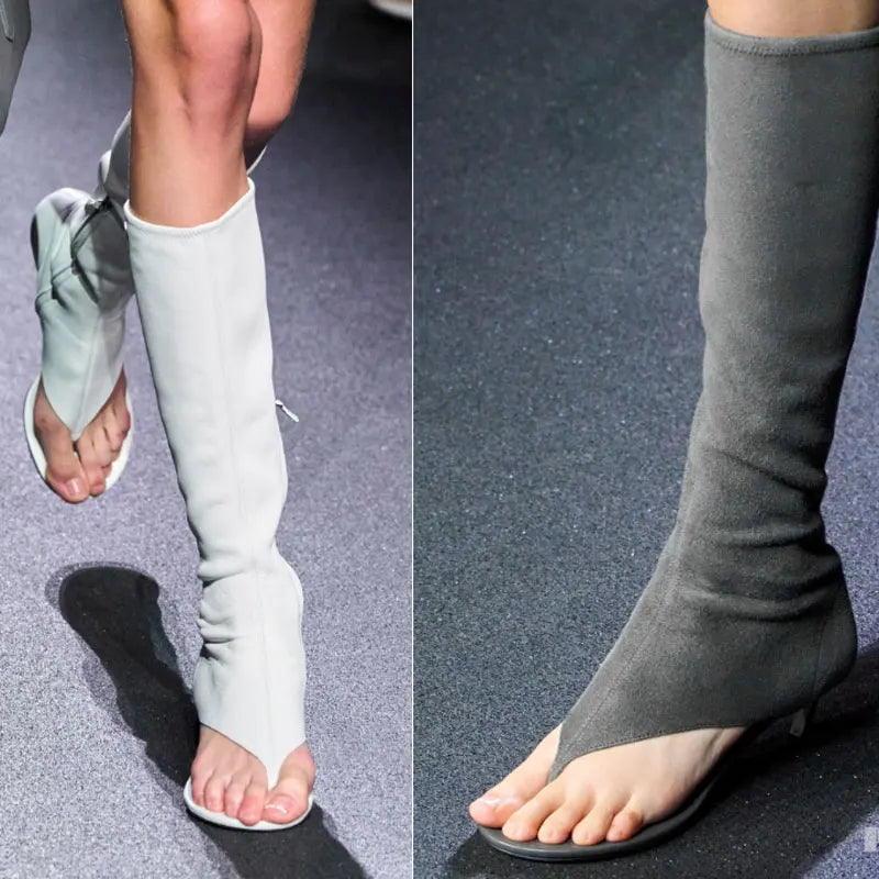 2023 Women's European and American Fashion Designer Brand Slim Heel Runway Shoes with Toe Clip and Knee Side Zipper High Boots