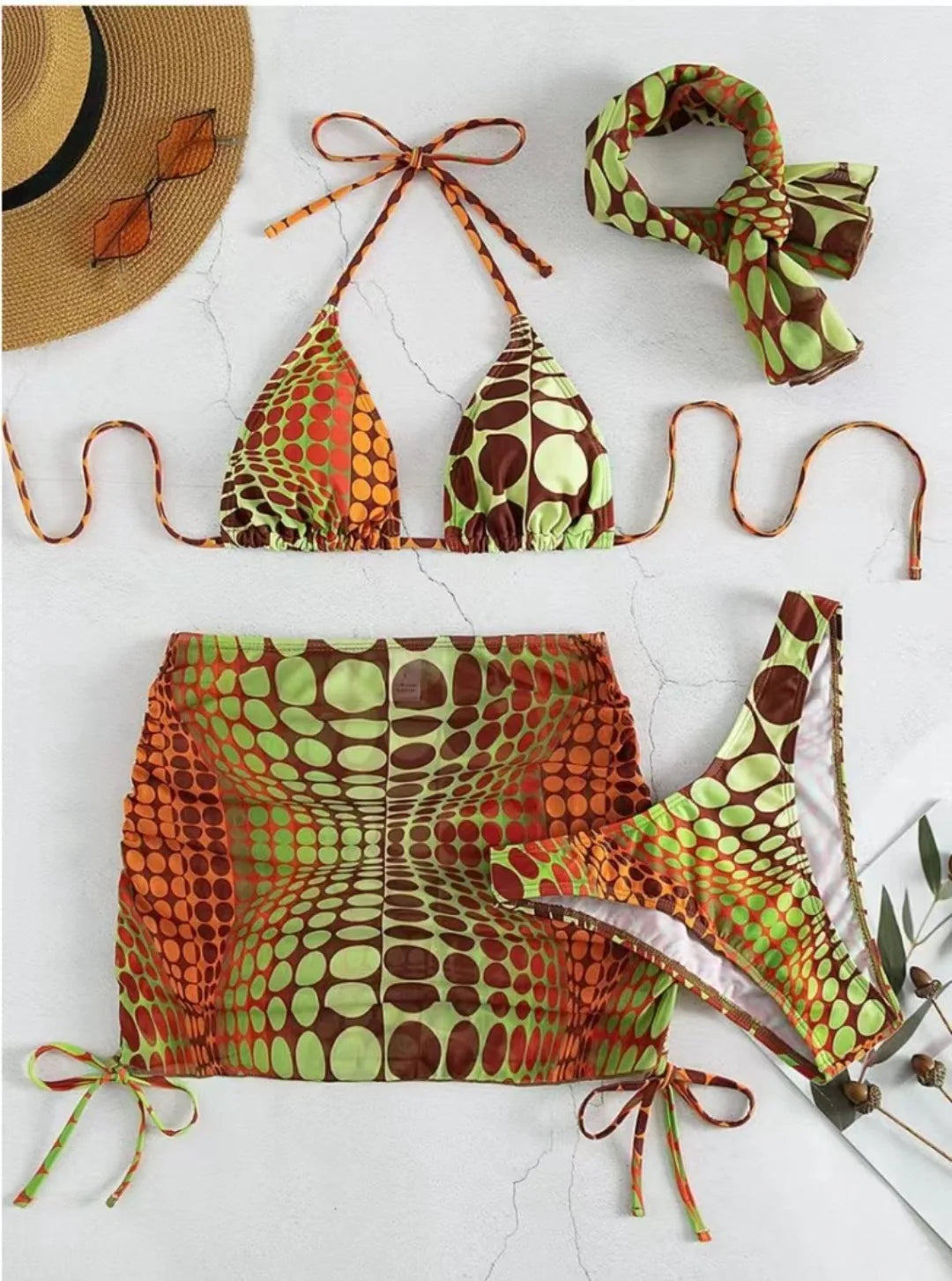 Bikini Striped Split Swimsuit Mesh Dress Four-Piece Sexy Swimsuit