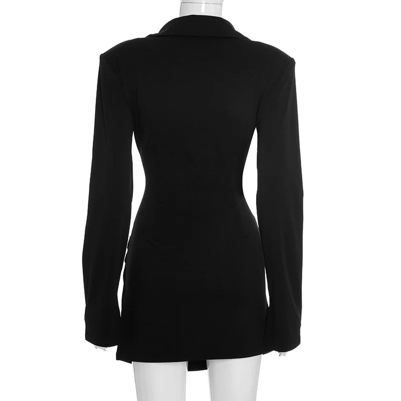 Mozision Long Sleeve Deep V Neck Ruched Sexy Mini Dress Women Autumn Winter Fashion High Waist Club Party Blazer Dresses Female