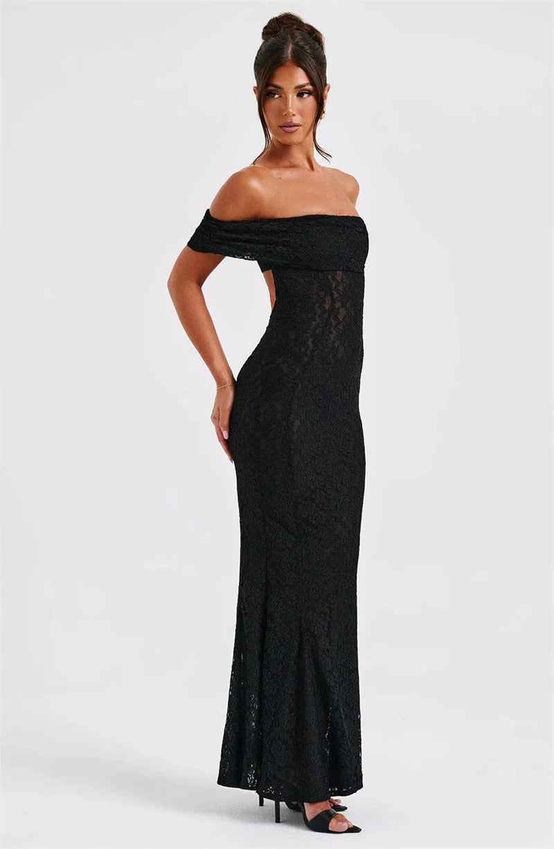 Mozision Hollow Out See Through Sexy Maxi Dress Women Elegant Off-shoulder Strapless Backless Sleeveless Club Party Dress