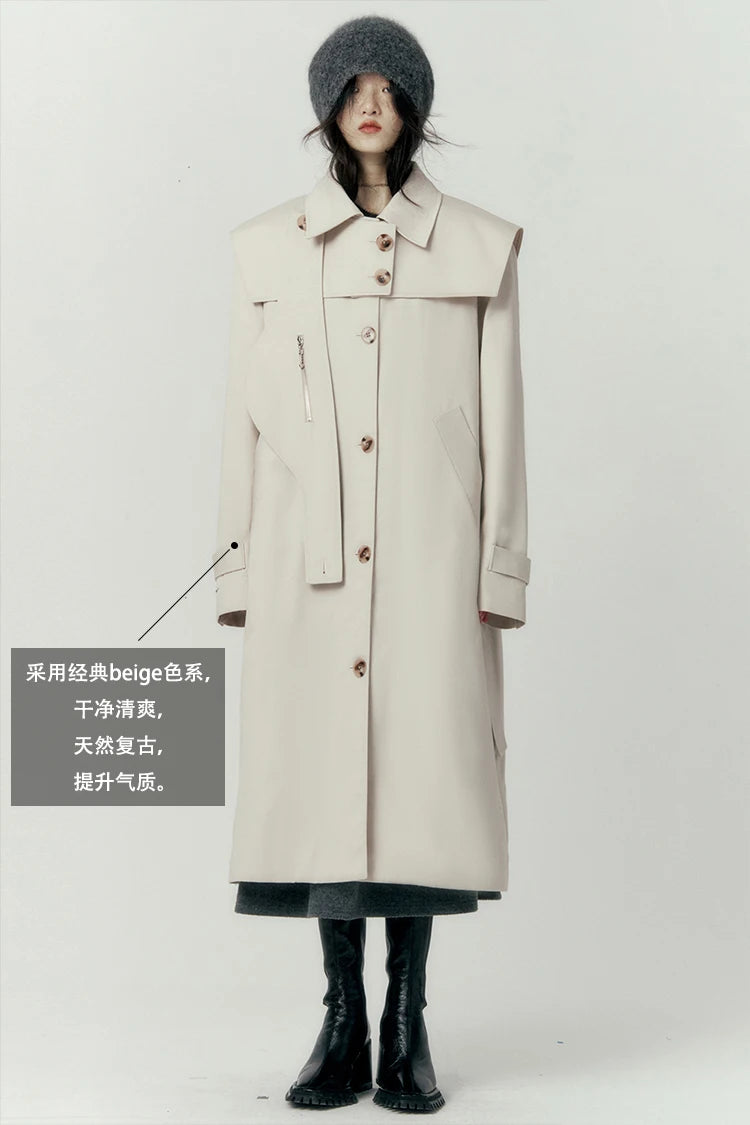 Lautaro Autumn Cool Long Trench Coat for Women Removable Sailor Collar and Pockets Belt Runway Fashion Luxury Designer Clothes
