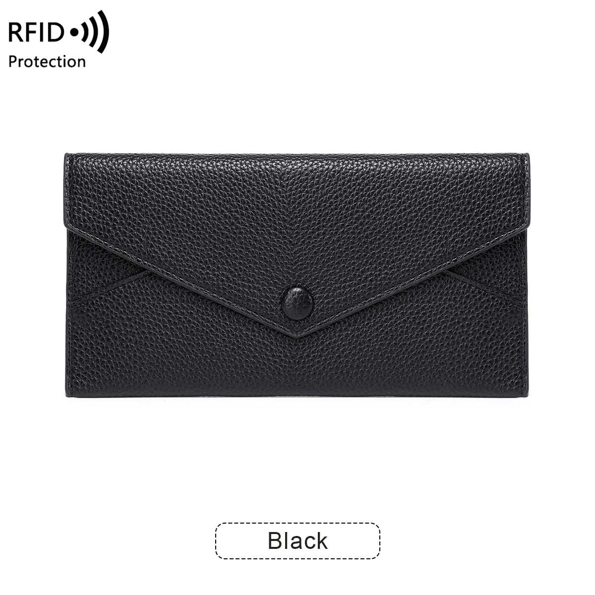 RFID Anti-Theft Purse for Women, Lychee Print, Soft Leather, Envelope Long Wallet, Ultra-thin, Portable, Simple Hand Bag