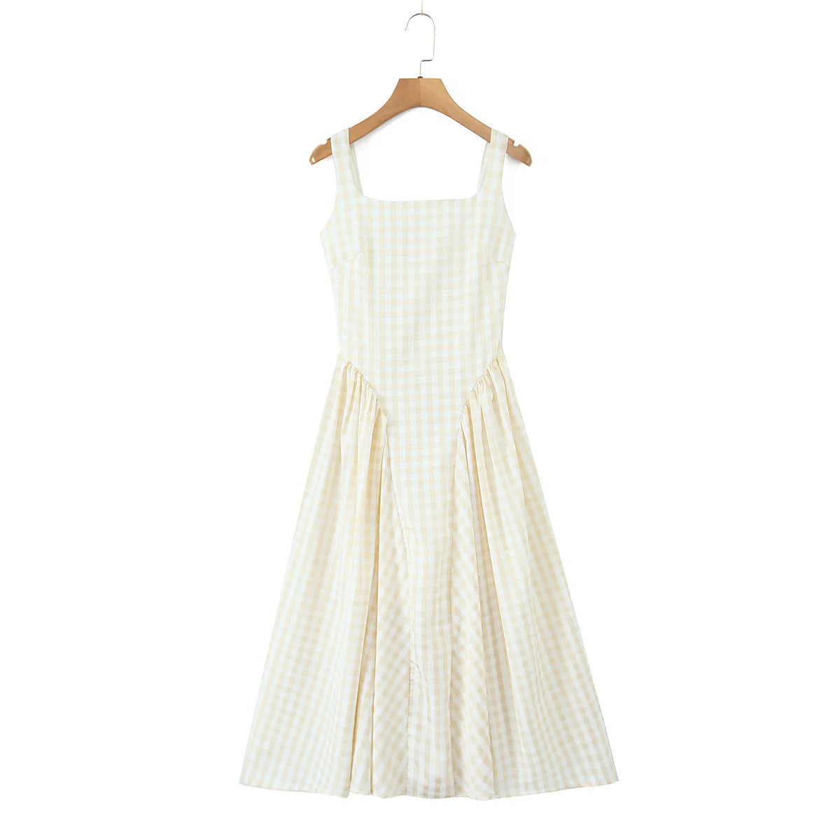 YENKYE Lace Up Bandage Plaid Sling Dress Women Elegant Square Neck Low Waist A-line Midi Summer Dresses Holiday Party Robe 2025