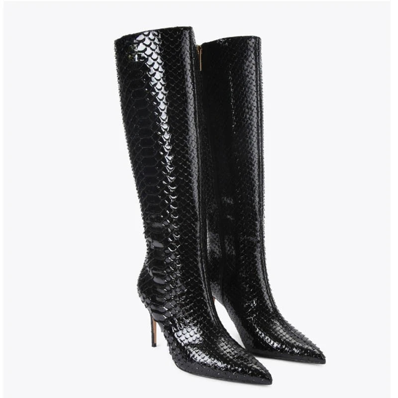 European and American Women's High-heeled Snake Patterned Pointed Side Zipper High Boots, Oversized Slimming Knee High Boots
