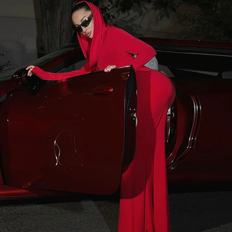 DSMTRC High Street Red Christma Hooded Long Sleeve Maxi Dress for Woman Slim Solid Bodycon Party Vestidos Elegant Autumn Dresses
