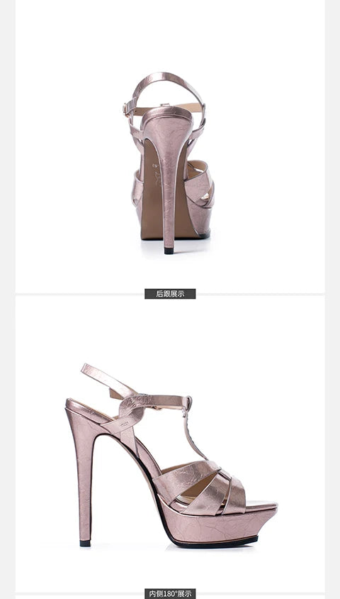 Women's Summer European and American Fashion Stiletto Waterproof Platform Leather Open Toe Round Head Buckle Sandals