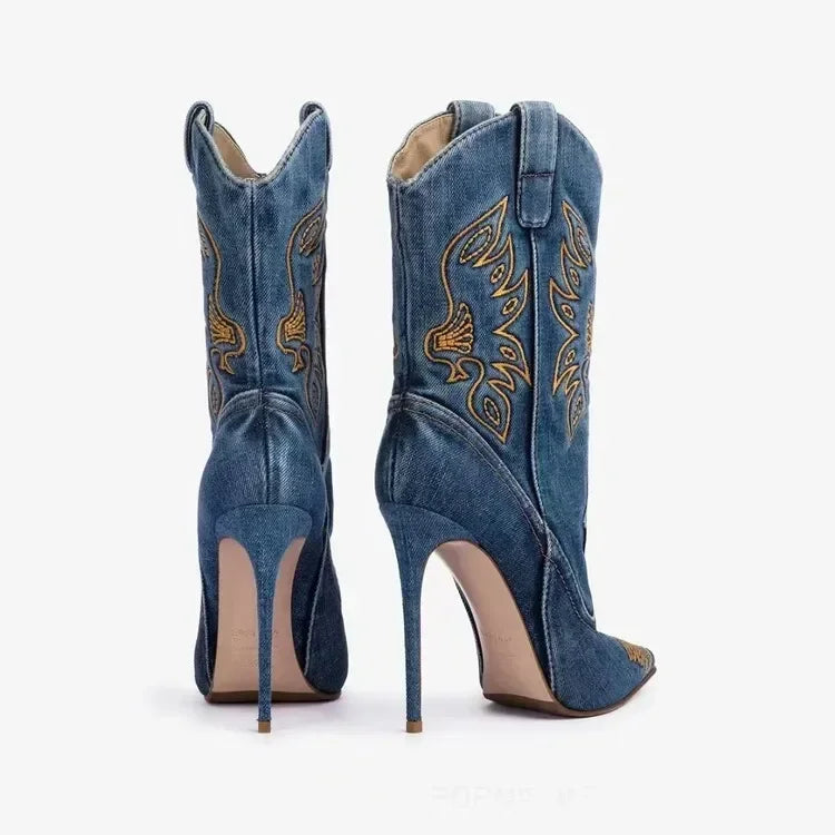 Women's Denim Western Cowboy Boots Pointed Toe Stiletto Heel, Sexy Embroidery Knight Runway Fashion Ankle Booties