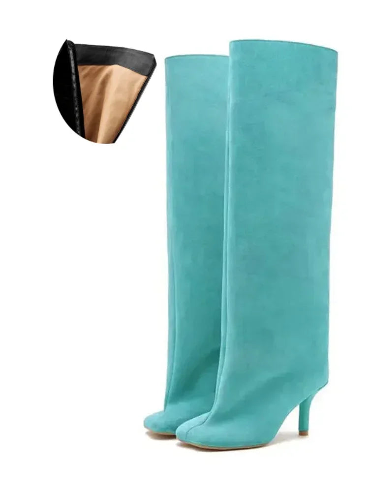 2024 European and American Fashion Stiletto Heels Wide Leg Knee Sleeve Boots Women's Square Head Suede Warm Boots