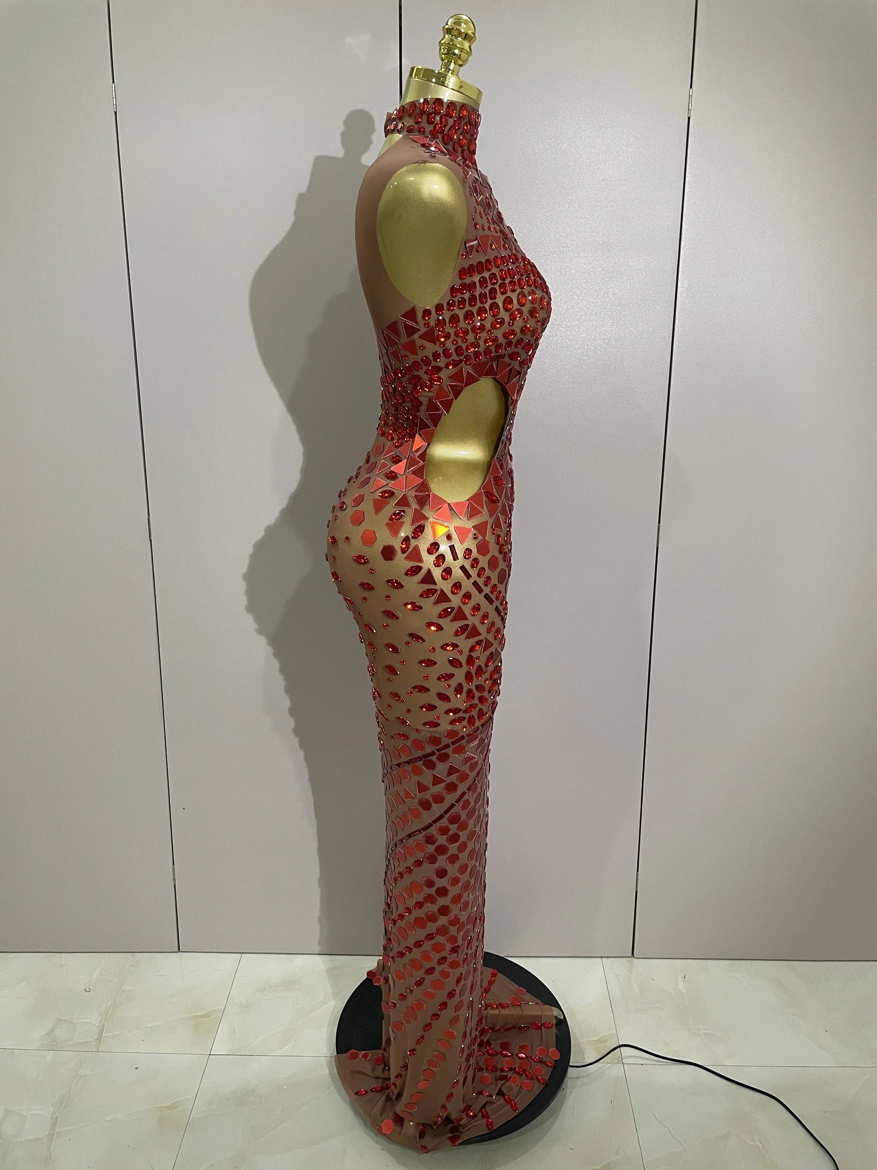 Luxury Shiny Mirror Rhinestones Hollowed-out Long Dress 2025Women Celebrity Evening Party Catwalk Prom Stage Photo Shoot Dresses