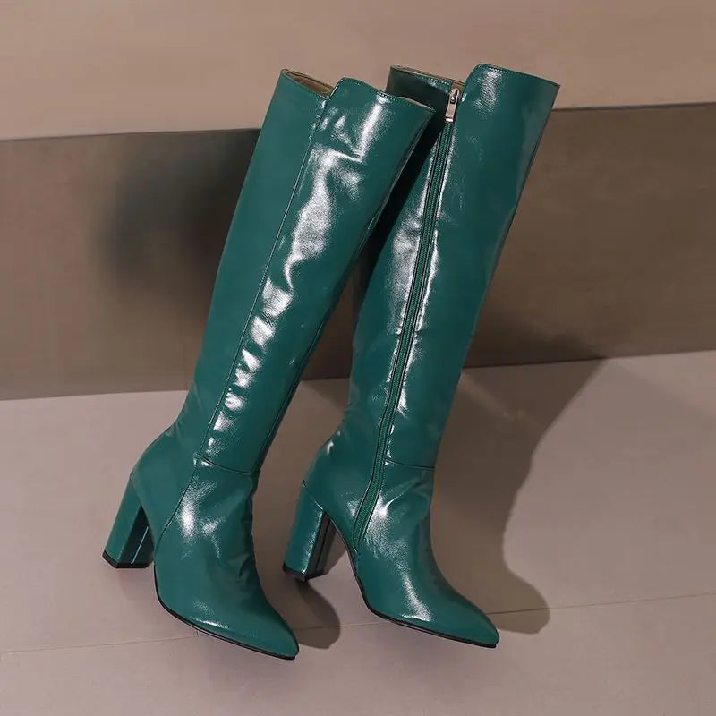 REAVE CAT Sexy Female Knee High Boots Pointed Toe Chunky Heels 8.5cm Big Size 46 47 48 Fashion Party Women Booties