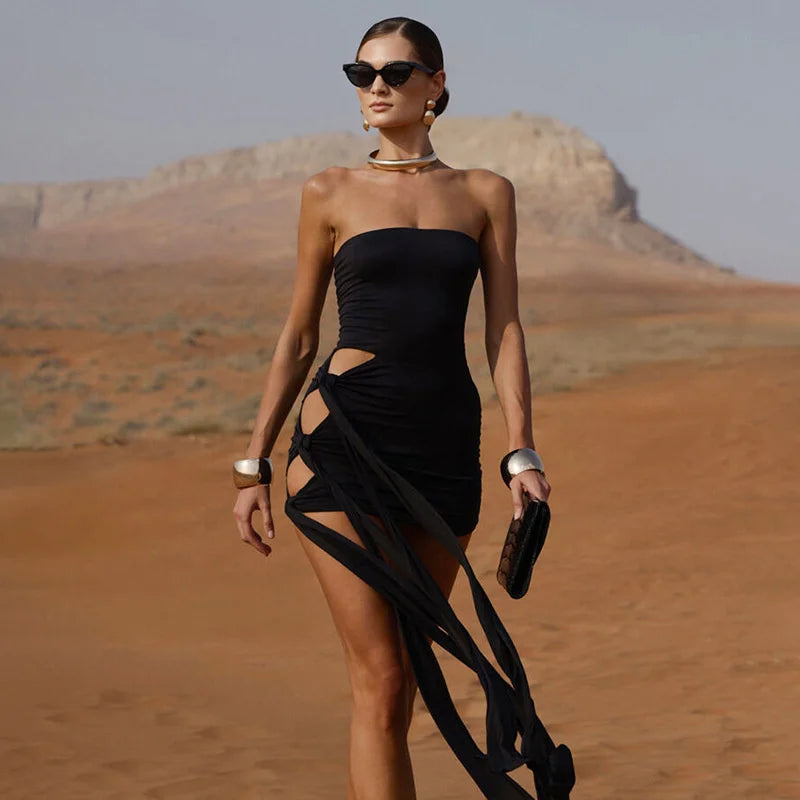 Mozision Off-shoulder Strapless Ruched Sexy Mini Dress Women Fashion Hollow Out Sleeveless Backless Draped Club Party Dresses