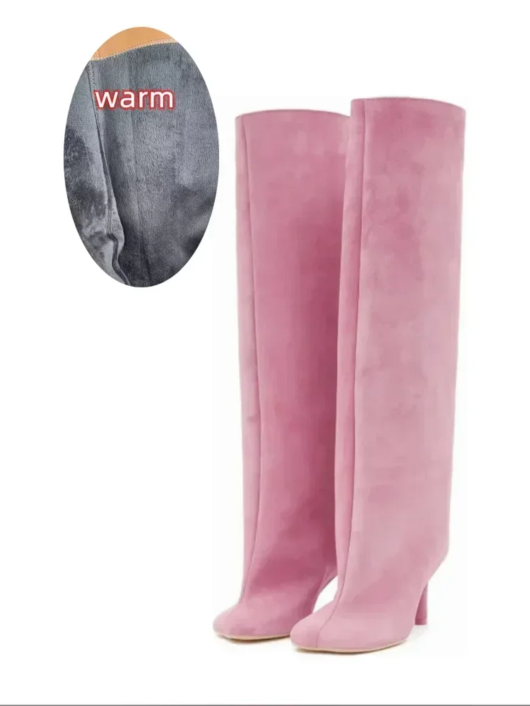 2024 European and American Fashion Stiletto Heels Wide Leg Knee Sleeve Boots Women's Square Head Suede Warm Boots
