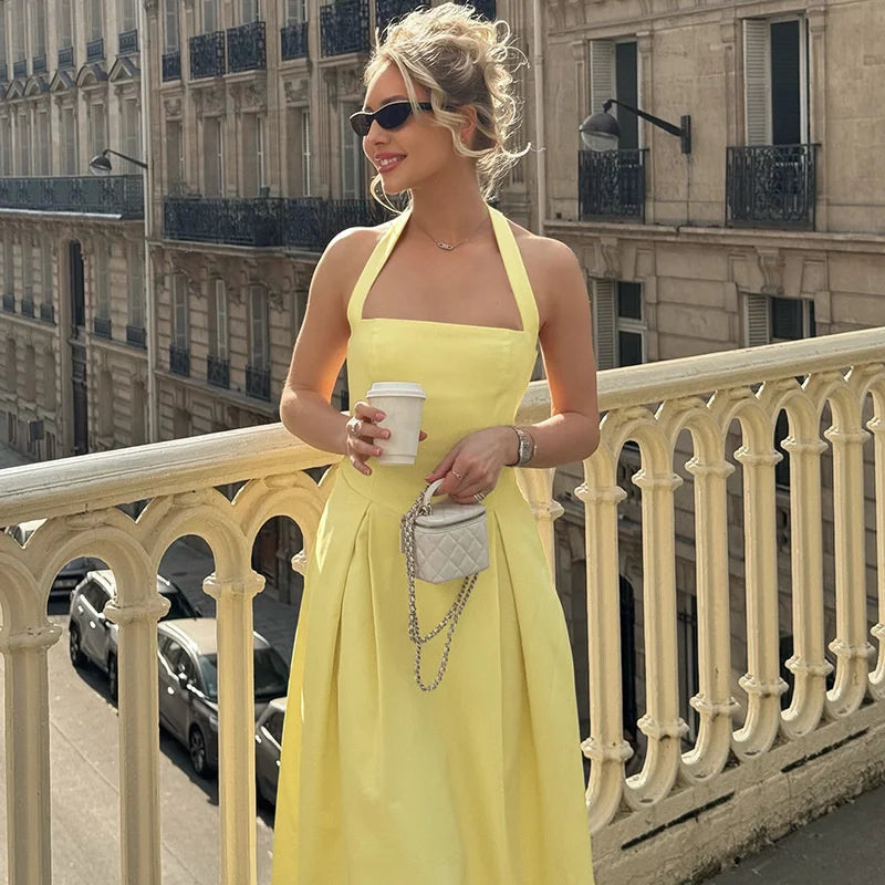 Mozision Halter Backless Sexy Midi Dress Women Fashion Solid Sleeveless High Waist A-line Club Party Pleated Long Dresses Female