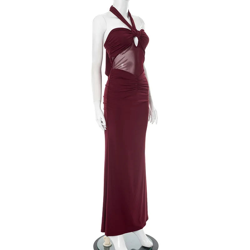 Mozision Hollow Out Halter Sexy Maxi Dress Women Gown Summer New See Through Mesh Sleeveless Backless Bodycon Club Long Dress