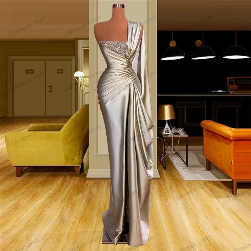 Gorgeous Evening Dresses Satin Shiny Prom Dress One Shoulder Floor Length Robes For Formal Party Vestidos De Gala Customized Wofashion.xyz