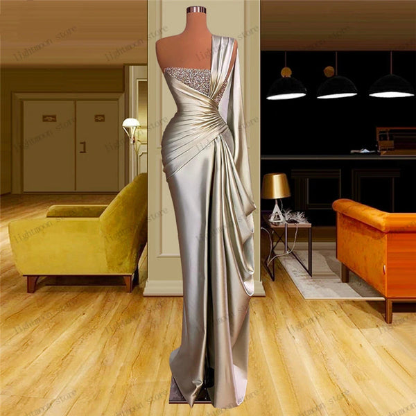 Gorgeous Evening Dresses Satin Shiny Prom Dress One Shoulder Floor Length Robes For Formal Party Vestidos De Gala Customized Wofashion.xyz