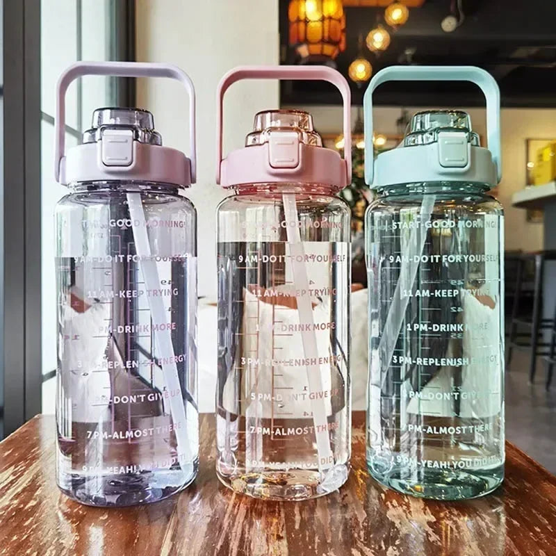 2L Water Bottle Portable Straw Plastic Water Cup for Outdoor Sports Fitness Adult High Value Big Fat Cup with Time Marker Wofashion.xyz