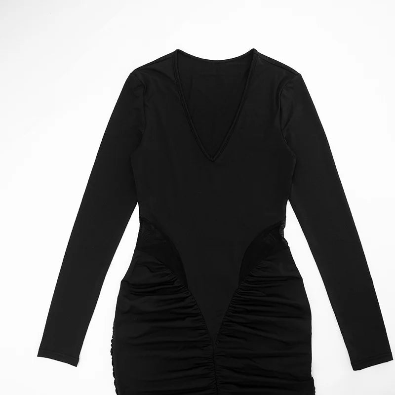 Blifanbo Elegan Deep V Neck Bodycon Maxi Dress Women High Waist Pleated Long Sleeve Solid Patchwork Club Party Long Dress Autumn