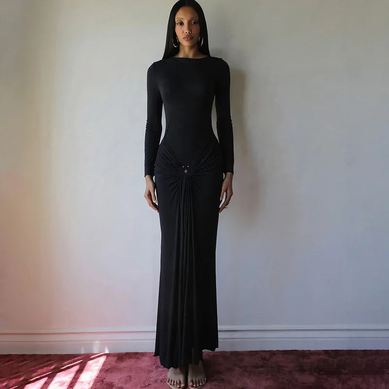 Mozision Elegant Long Sleeve Ruched Sexy Maxi Dress Women Gown Autumn Fashion Draped Bodycon Long Dresses Female Clothing