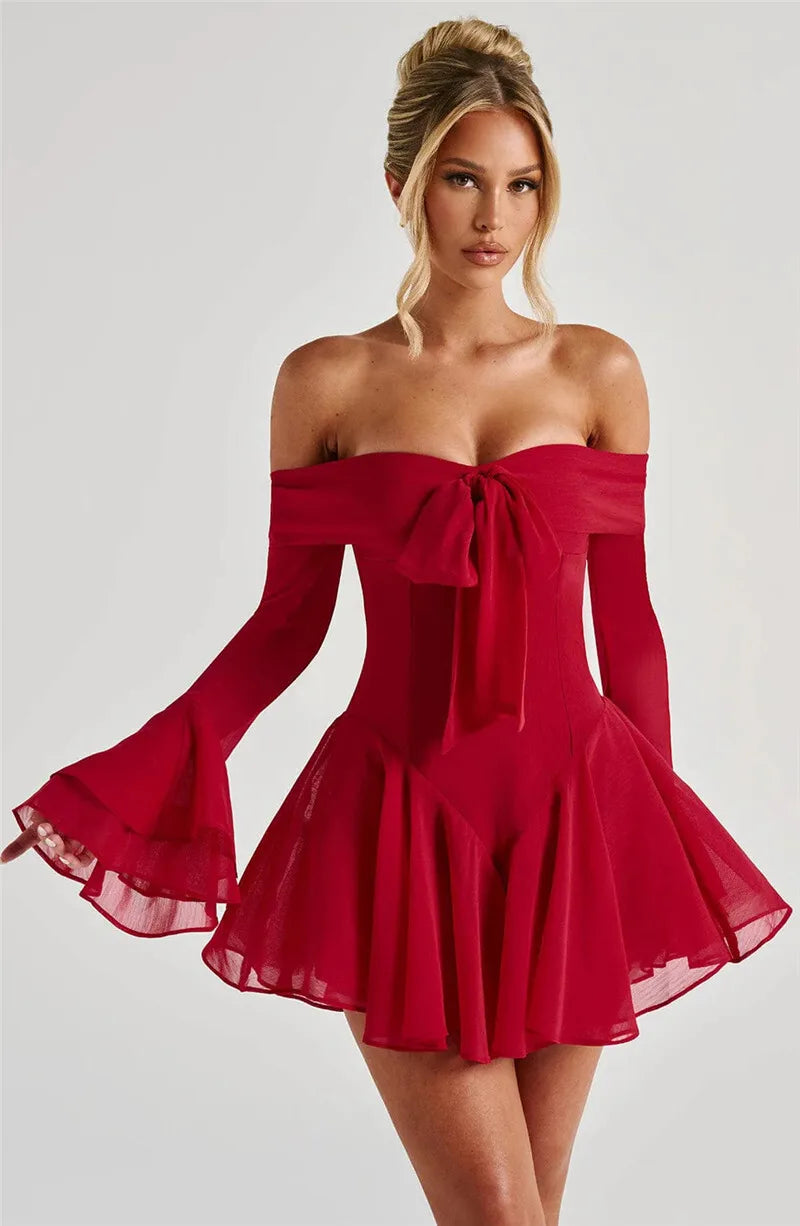 Mozision Strapless Long Flare Sleeve Sexy Mini Dress For Women Robe Off-shoulder Backless High Waist A-line Club Party Dress