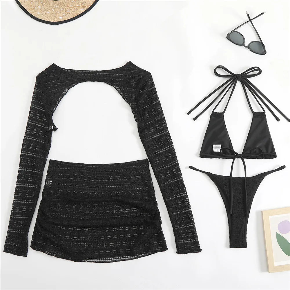 Beige Flower Mesh String Halter Bikinis Sets 4 Piece Sexy Swimsuit Women Long Sleeve Cover Up Swimwear Triangle Bikini Beachwear