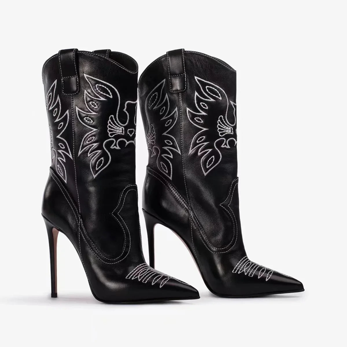 Women's Denim Western Cowboy Boots Pointed Toe Stiletto Heel, Sexy Embroidery Knight Runway Fashion Ankle Booties