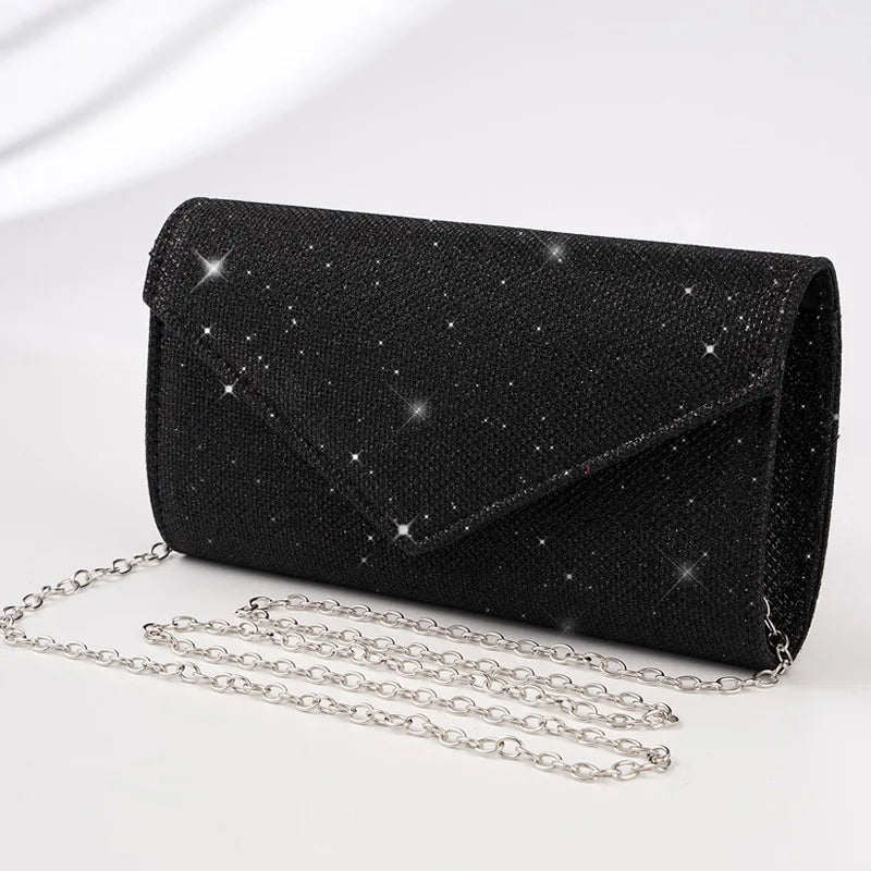Women Envelope Evening Bag Glitter Ladies Chain Shoulder Bags Shiny Silver Long Purse Female Wedding Party Clutches Mini Handbag