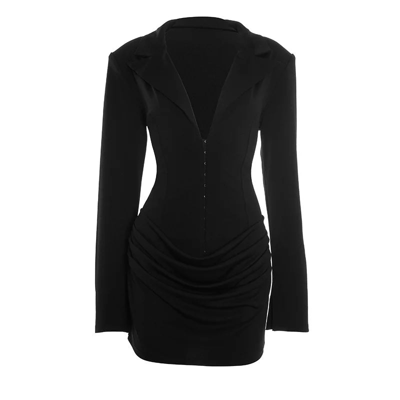 Mozision Long Sleeve Deep V Neck Ruched Sexy Mini Dress Women Autumn Winter Fashion High Waist Club Party Blazer Dresses Female