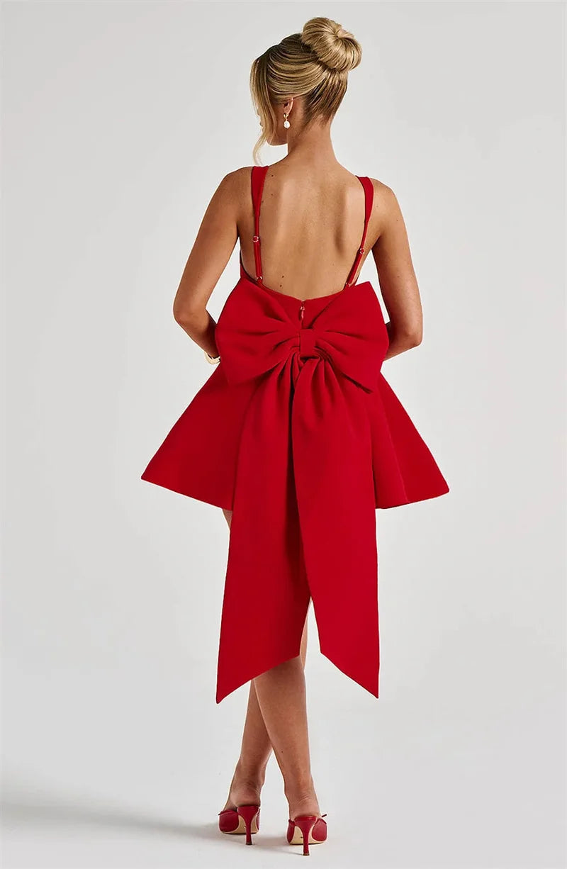 Mozision Backless Bow Sexy Mini Dress Women Fashion Elegant Spaghetti Strap Sleeveless High Waist A-line Club Party Dress New