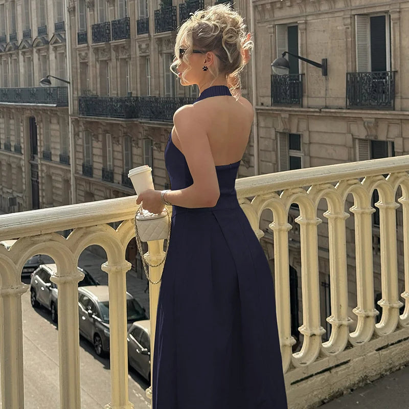 Mozision Halter Backless Sexy Midi Dress Women Fashion Solid Sleeveless High Waist A-line Club Party Pleated Long Dresses Female