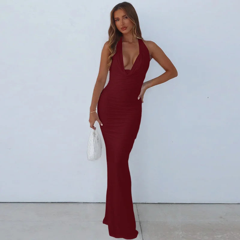 Mozision Deep V-neck Lace-up Sexy Maxi Dress For Women Elegant Off-shoulder Sleeveless Halter Fashion Backless Club Party Dress