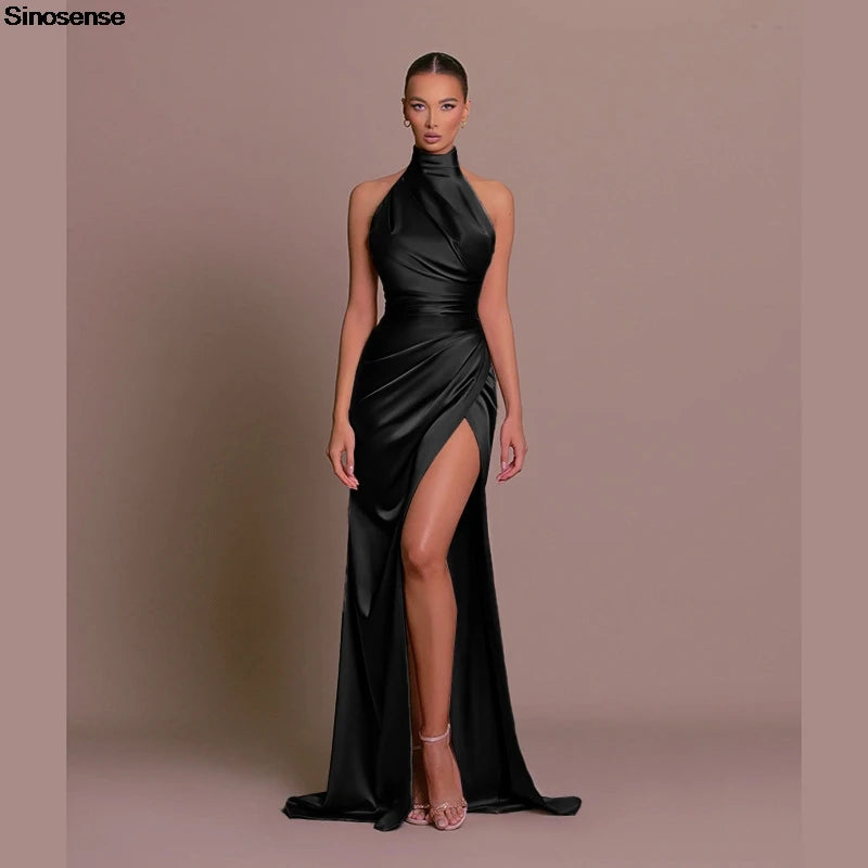 Womens Elegant Long Formal Evening Cocktail Party Dress Sexy High Split Ruched Bodycon Wedding Guest Bridemaid Maxi Dress