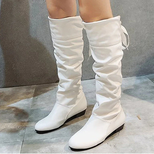 Shoes For Women 2022 Spring Knee High Boots Red Black White Tall Boots Woman Pleated Low Heel Casual Leather Female Long Shoes Wofashion.xyz