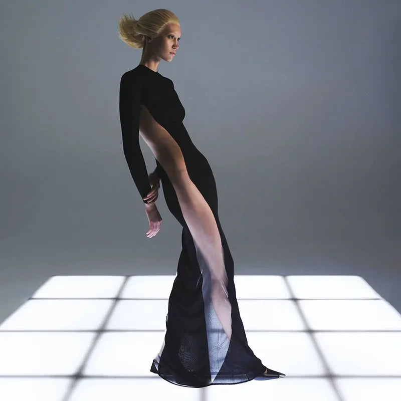 Black Maxi Dresses For Women Side See Through Vestidos Elegantes Para Mujer Slim One-Pieces Sexi Night Dress Hot Club Outfit
