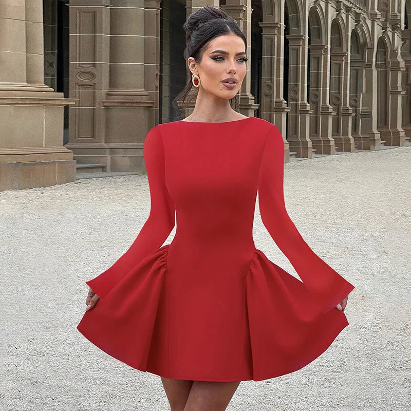 NIDANSSI Red Long Sleeve Evening Party Dress Women 2024 Pleated Robes Elegant Sexy Dress Bodycon Mini Winter Dress Vestidos