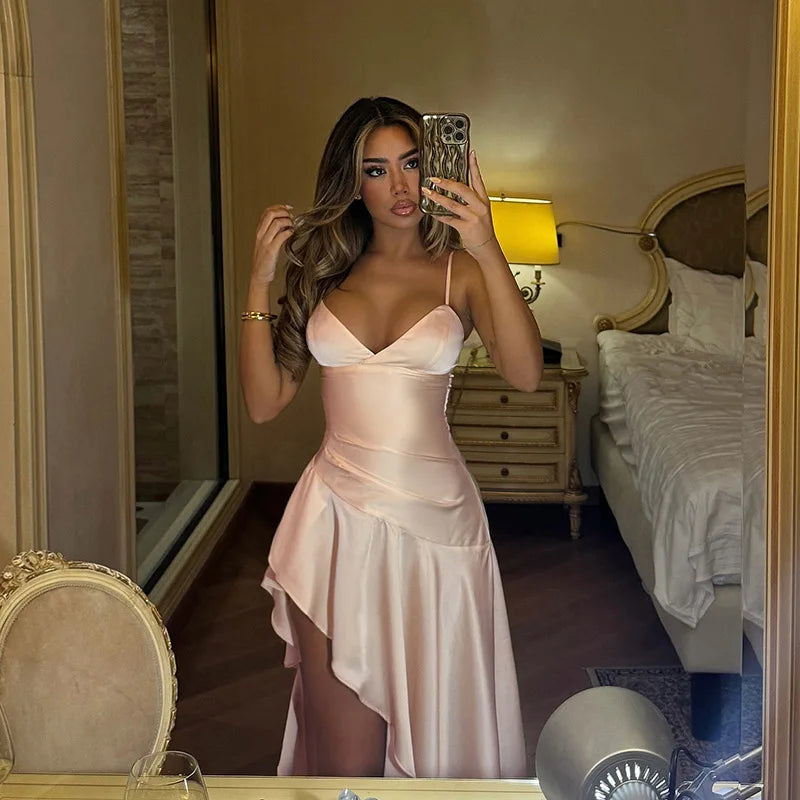 NIDANSSI Satin Ruffle Slim Backless Evening Party Dress Women Robes Bodycon Elegant Sexy Dress Midi Long Summer Dress Vestidos