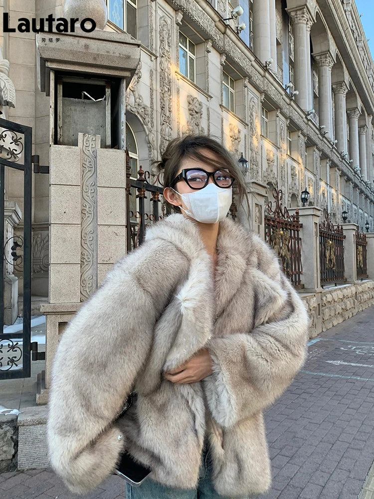 Lautaro Autumn Winter Oversized Loose Casual Luxury Soft Thick Warm Hairy Faux Fox Fur Coat Women Long Sleeve Fluffy Jacket 2024 Wofashion.xyz