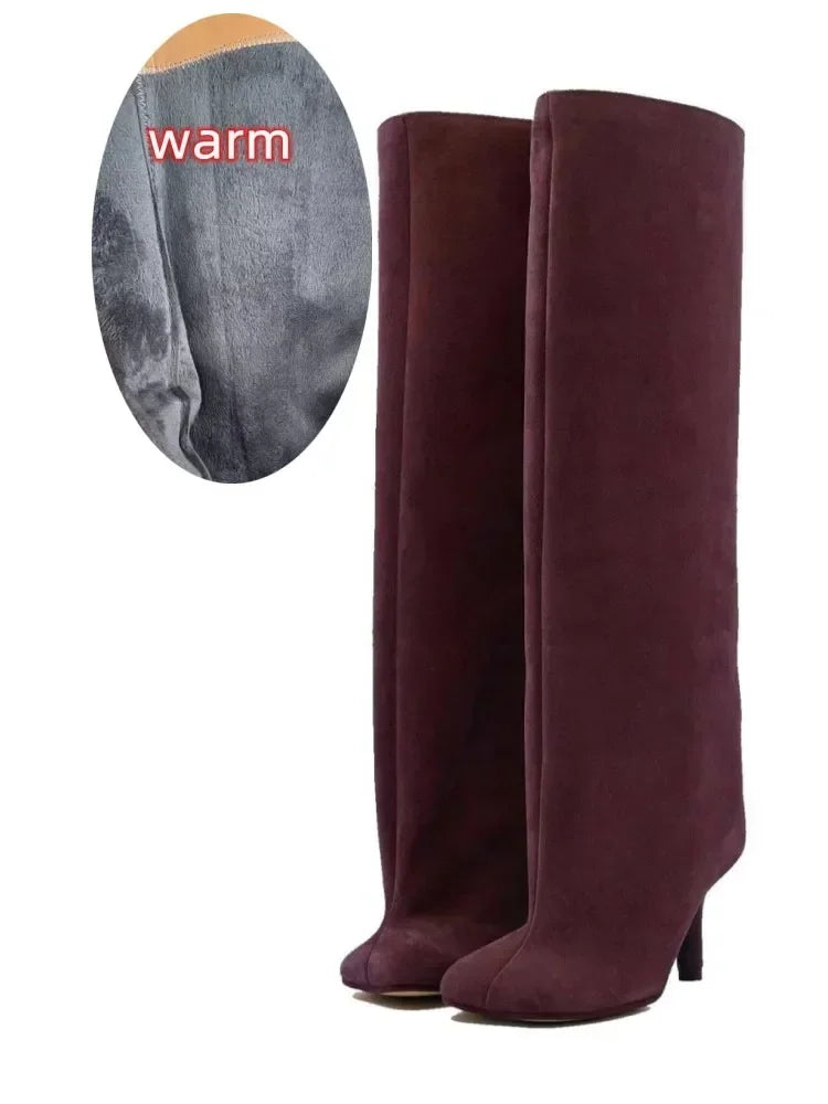 2024 European and American Fashion Stiletto Heels Wide Leg Knee Sleeve Boots Women's Square Head Suede Warm Boots