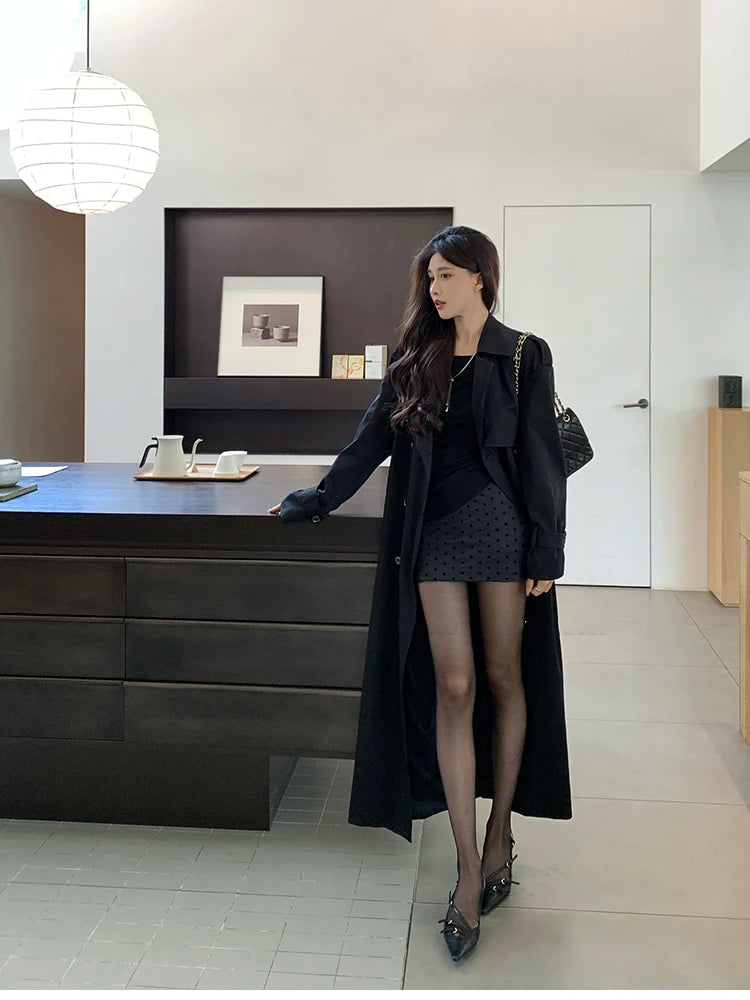 Lautaro Spring Autumn Long Black Hard Waterproof Trench Coat for Women Belt Double Breasted High Quality Luxury Overcoat 2024