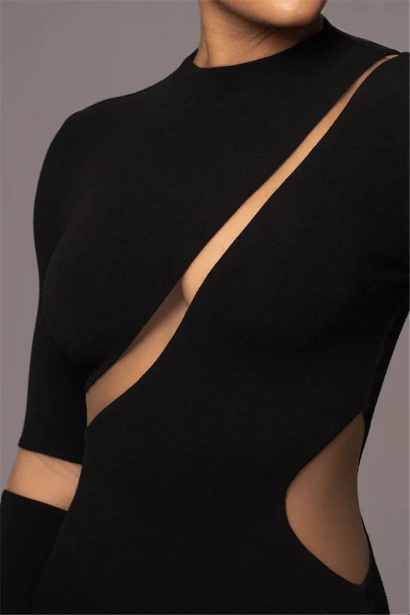 Mozision Turtleneck Long Sleeve Bodycon Maxi Dress For Women Autumn New Patchwork Hollow Out Club Party Sexy Long Dress Vestidos