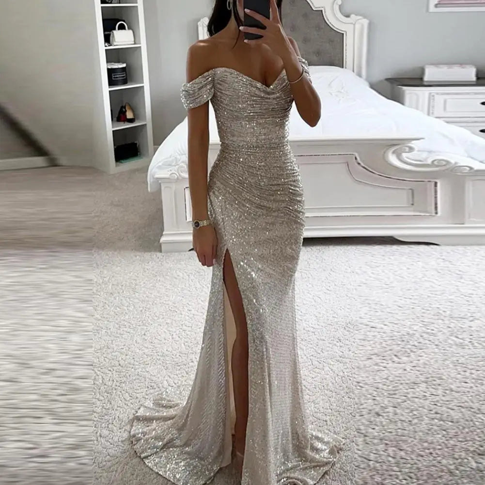 2025 Elegant Off-shoulder Gown Dress V-Neck Sequin Pleated Short Sleeve Waist Tight Maxi Dress Split Evening Party Prom Dress