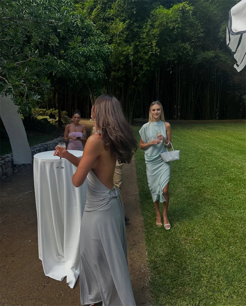 Mozision One Shoulder Backless Sexy Maxi Dress Women Gown Fashion Metal Buckle Diagonal Collar Sleeveless Draped Club Long Dress