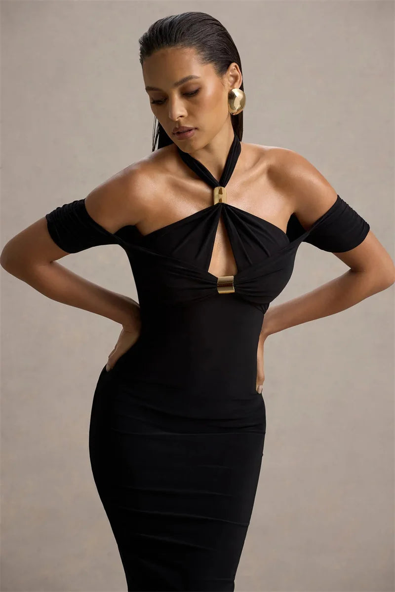 Mozision Hollow Out Halter Backless Sexy Midi Dress Women Fashion Off-shoulder Sleeveless Skinny Club Party Long Dress Elegant