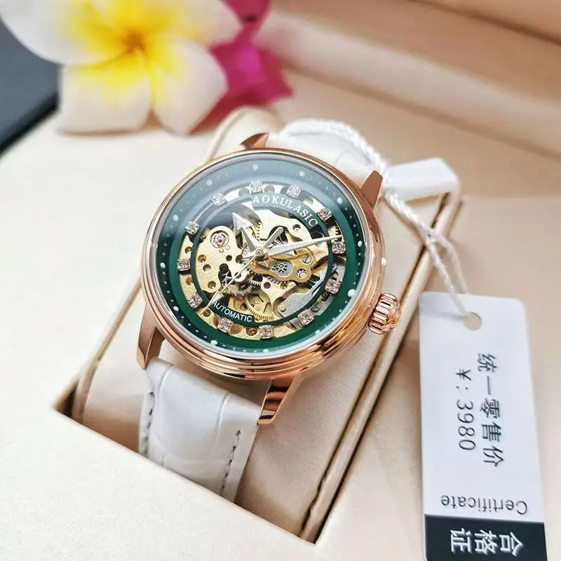 High-End, Luxurious, Elegant, Hollow-Out, Diamond-Encrusted, Fully Automatic Mechanical Watch for Women, with a Small, Fashionable, Simple Design, Luminous, Waterproof, Trendy for Female Students, the Best Gift for Her