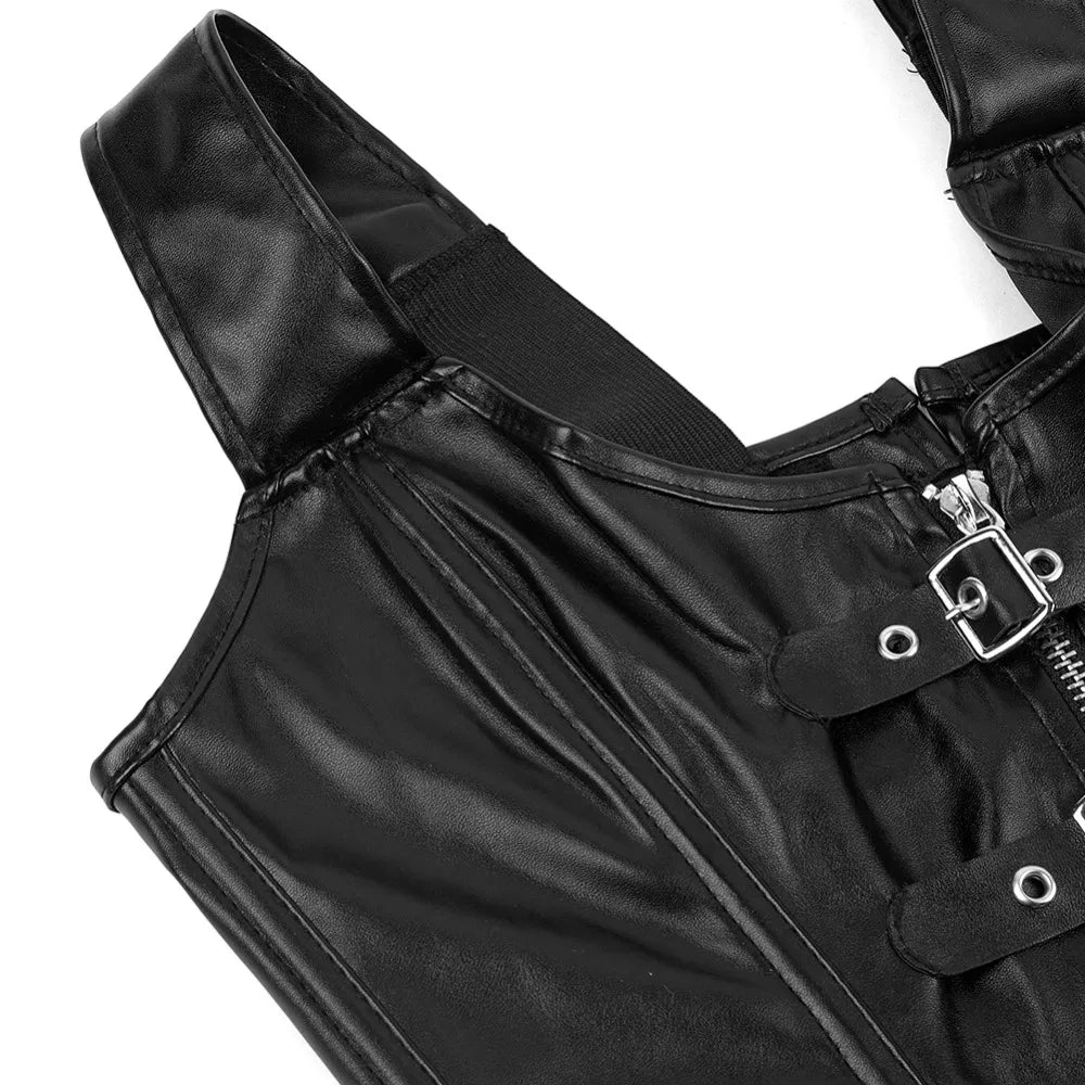 Women Overbust Corset Top with Shoulder Straps Faux Leather Bustier Vest Steampunk Corset With Zipper