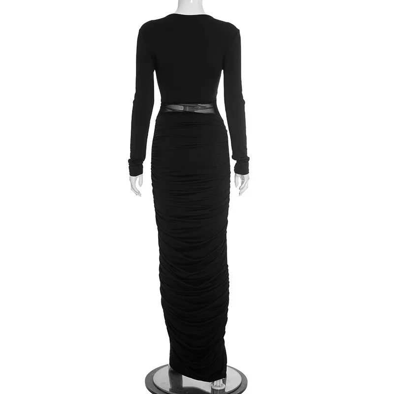 Blifanbo Elegan Deep V Neck Bodycon Maxi Dress Women High Waist Pleated Long Sleeve Solid Patchwork Club Party Long Dress Autumn