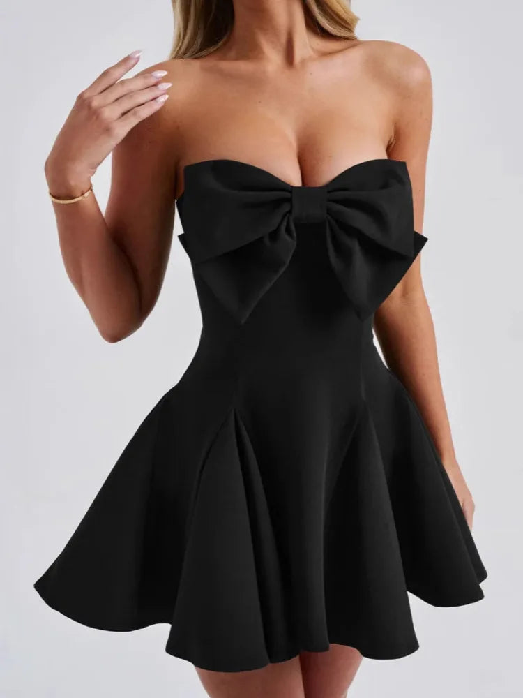 Mozision Bow Strapless Backless Sexy Mini Dress For Women Robe Fashion Solid Off-shoulder Sleeveless A-line Club Dress Vestido